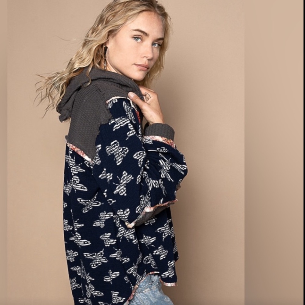 Pol Blue Waffle Plaid Butterfly Patchwork Hooded … - image 2